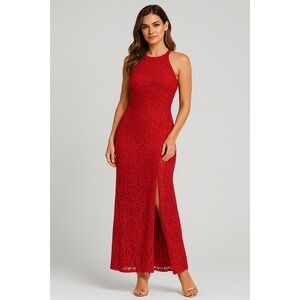 Stunning Red Lace Slit Hem Maxi Dress Evening Formal Gown Size PL